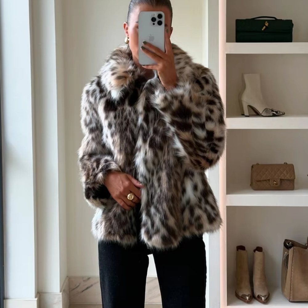 Style slim fit fashion simple single breasted faux fur effect lapel coat jacket